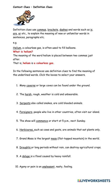 Direct Definition Context Clues Worksheets