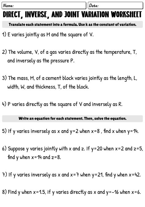 Direct Variation and Inverse Variation Worksheets