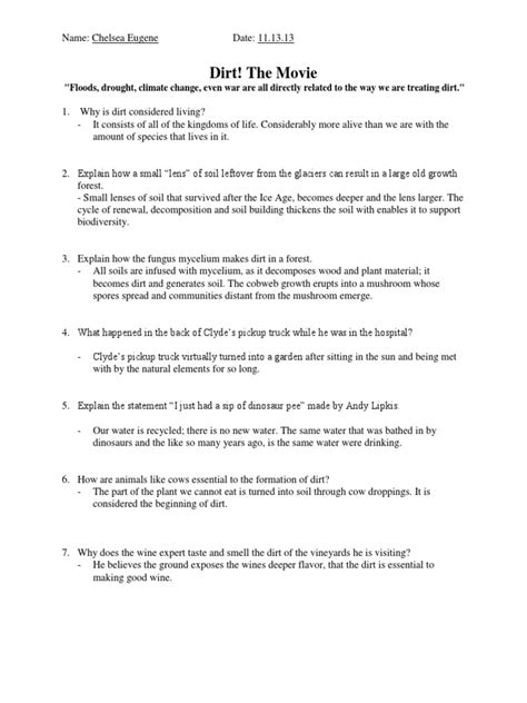 Dirt The Movie Worksheet Answers