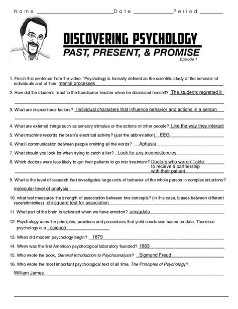 Discovering Psychology Past Present And Promise Worksheet Answers