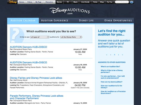 Disney Audition Calendar