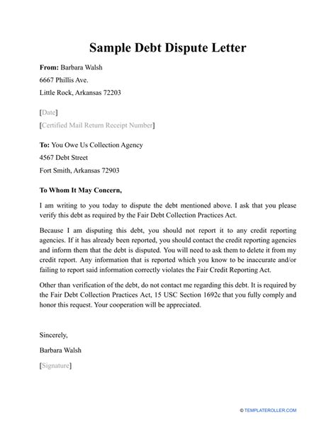 Dispute Debt Letter Template