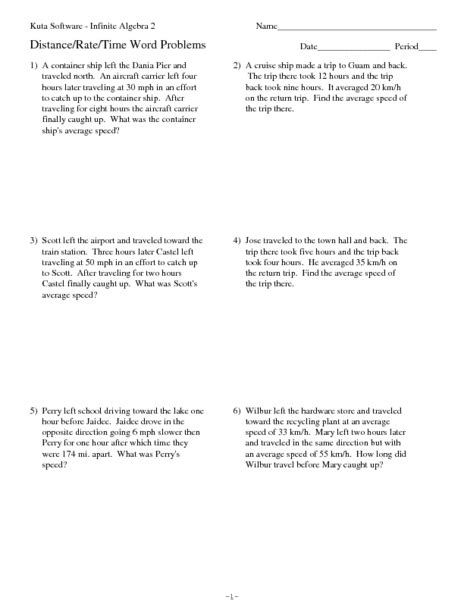 Distance Rate Time Word Problems Worksheet