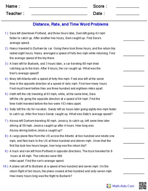 Distance, rate, time word problems Worksheets