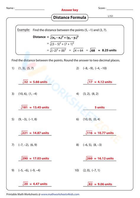 Distance and Midpoint Worksheet Answers Distance formula Worksheet