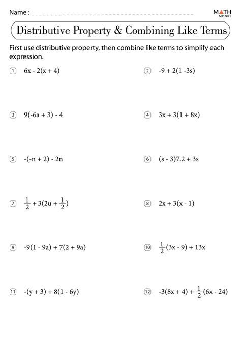 Distributive Property With Combining Like Terms Worksheet