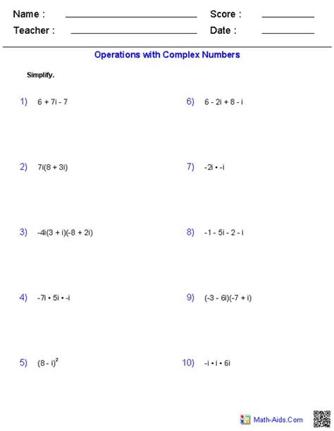 Divide Complex Numbers Worksheet
