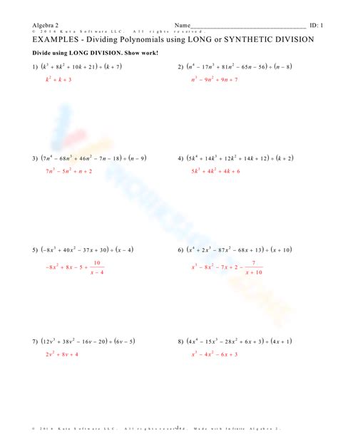 Divide Polynomials Using Long Division Worksheets
