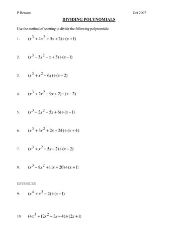 Dividing Polynomials Algebra 2 Worksheet