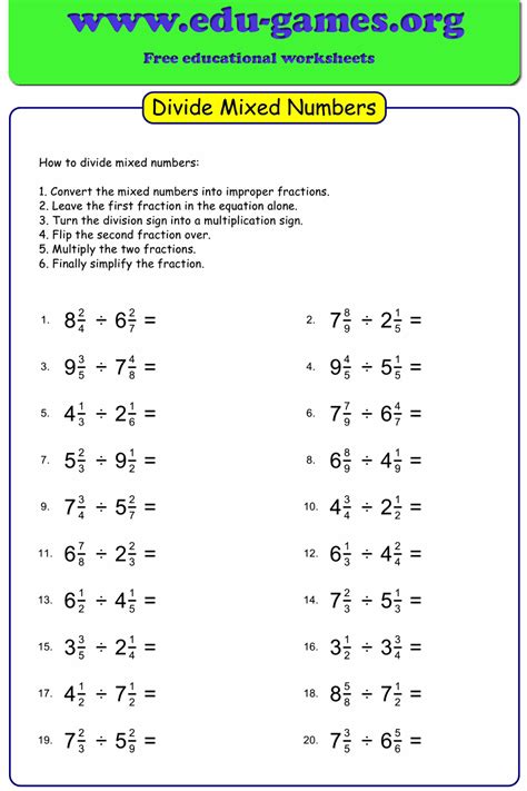 Dividing Fractions By Mixed Numbers Worksheet