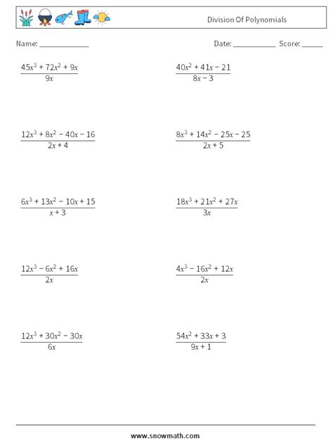 Dividing Polynomials Practice Worksheet