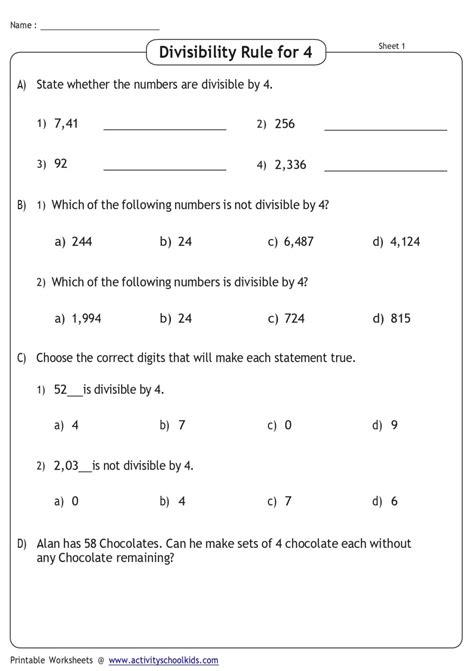 Divisibility Rules Test Worksheets