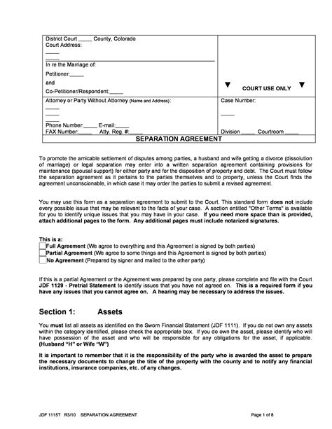 Division Of Assets Agreement Template