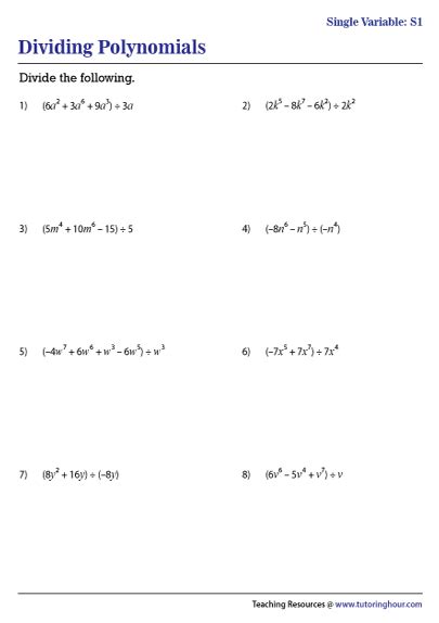 Division Of Polynomials By Polynomials Worksheet