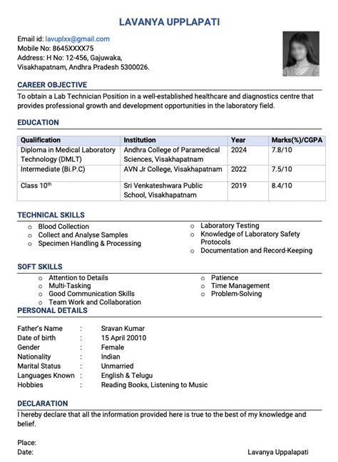 Dmlt Resume Format Sample Pdf