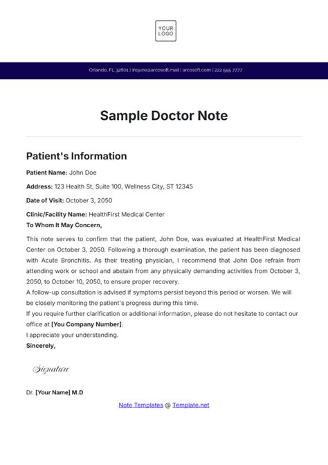 Doctor's Note Sample Template