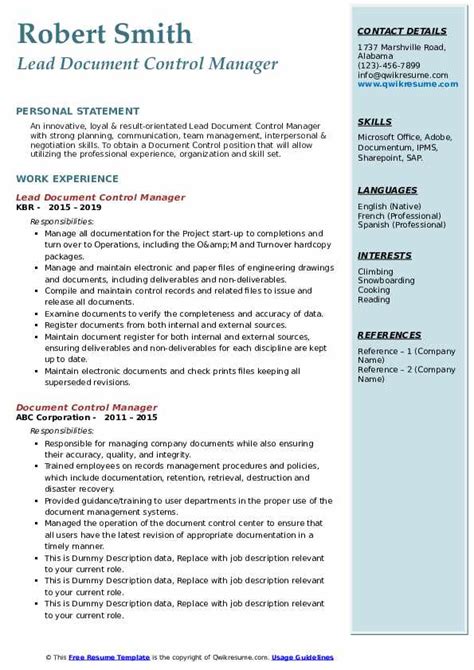 Document Control Manager Resume Example