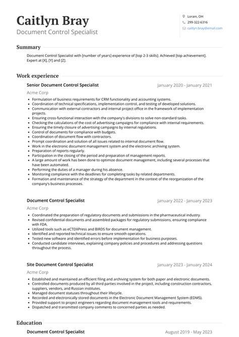 Document Control Specialist Resume Sample