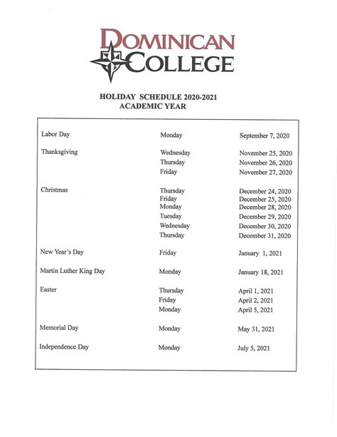 Dominican University Academic Calendar