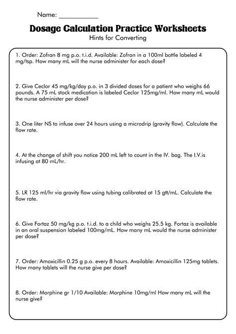Dosage Calculations Worksheet With Answers