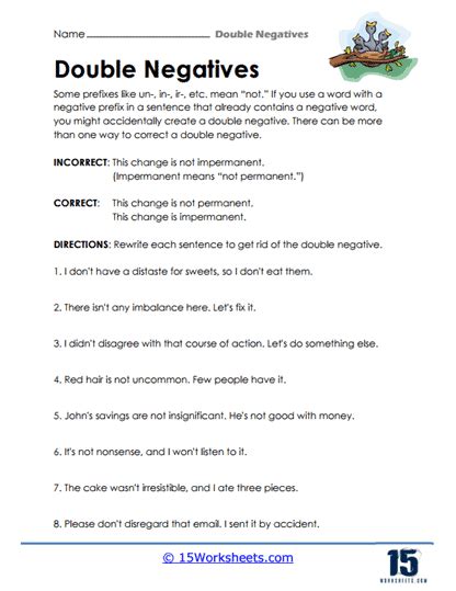 Double Negative Worksheets