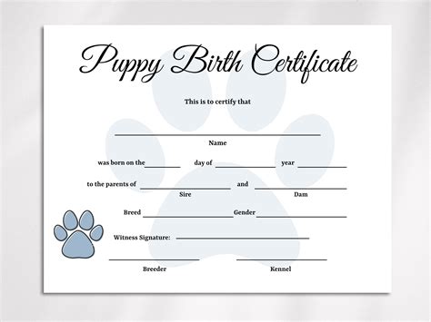 Downloadable Fillable Puppy Birth Certificate Template