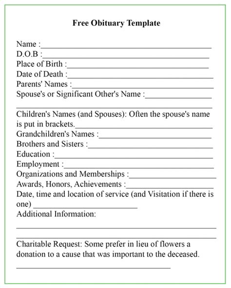 Downloadable Fill In The Blank Obituary Template