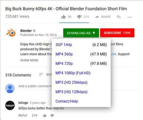 Downloading videos from YouTube using a web browser extension