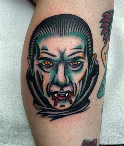 Dracula portrait tattoo on the calf. Portrait tattoo