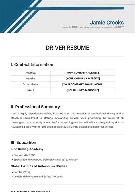 Driver Resume Sample Format Word