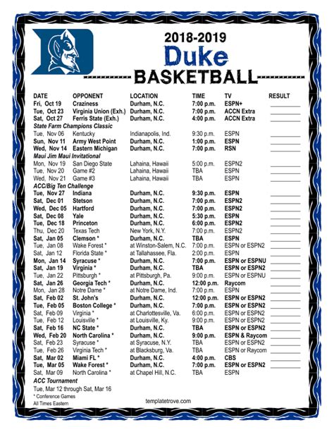 Duke Basketball Printable Schedule