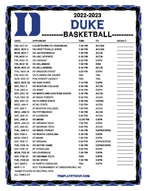 Duke Basketball Schedule 2022-23 Printable