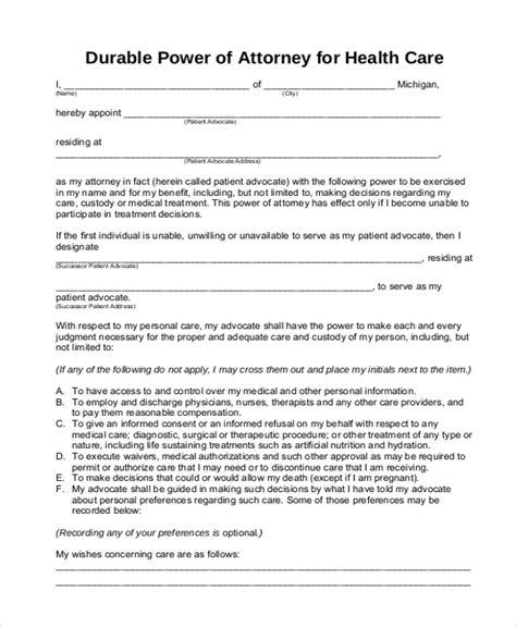 Durable Power Of Attorney For Health Care