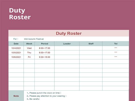 Duty roster as Excel template