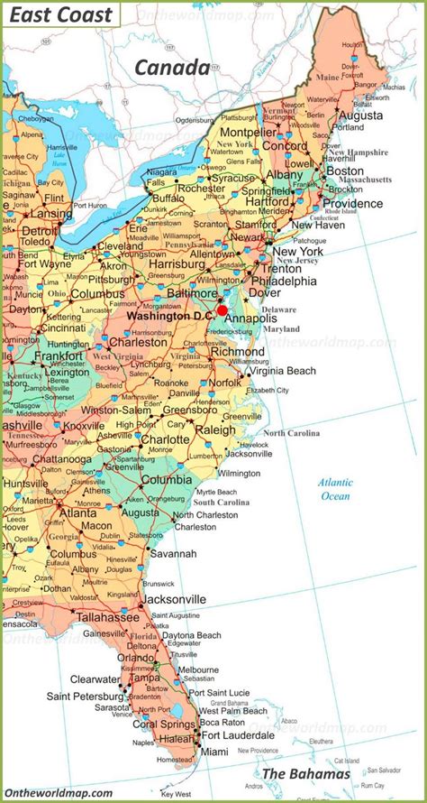 East Coast Map With Cities