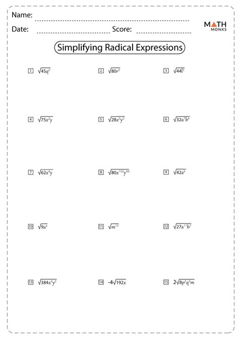 Easy Worksheet: Simplifying Radical Expressions Worksheet for 9th