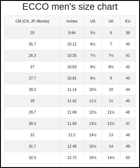 Ecco Shoe Sizing Chart