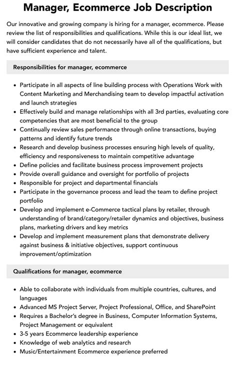 Ecommerce Catalog Manager Job Description