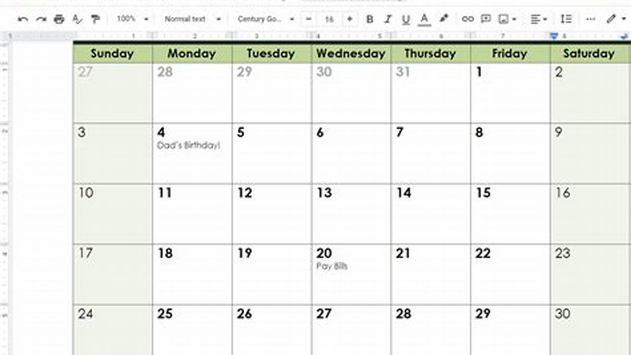 Editable Google Doc Calendar 2025