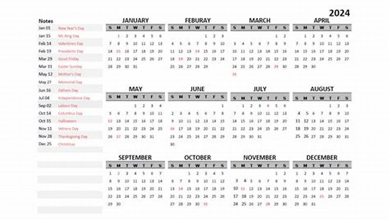 Editable Yearly Calendar 2024 For Google Docs