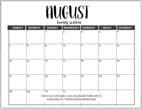 Editable August Calendar