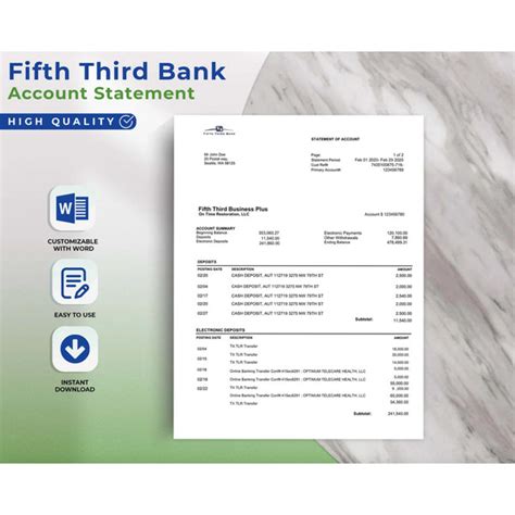 Editable Printable Fifth Third Bank Statement Template