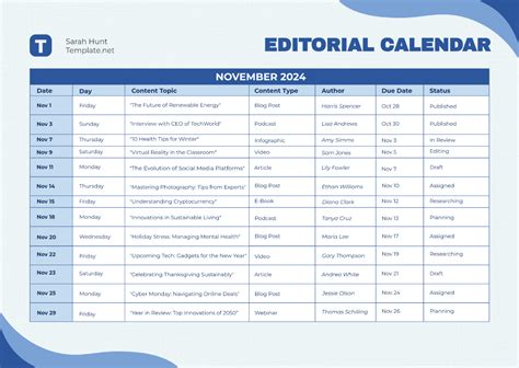 Editorial Calendar Free Template For Blog