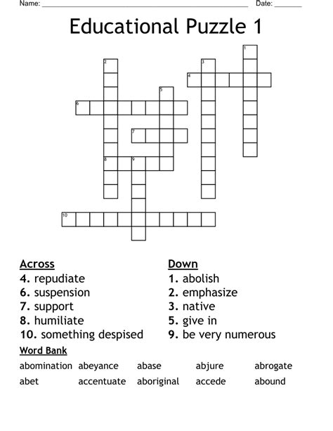 Example of an educational crossword puzzle worksheet
