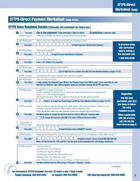 Eftps Direct Payment Worksheet Short Form Printable Ach Debit