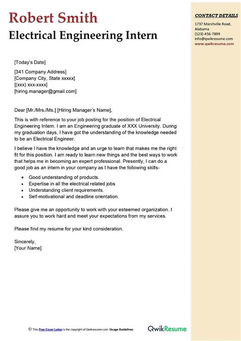 Electrical Engineering Internship Cover Letter