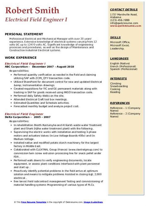 Electrical Field Engineer Resume Samples QwikResume