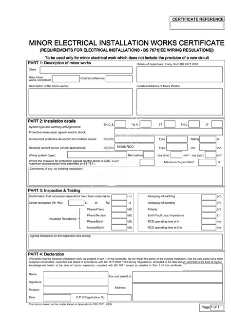 Electrical Minor Works Certificate Template Professional Template