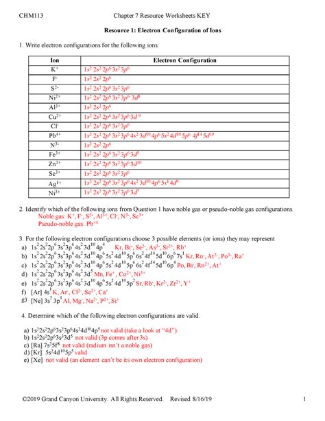 Electron Configuration Elements Atoms And Ions Worksheet Answers