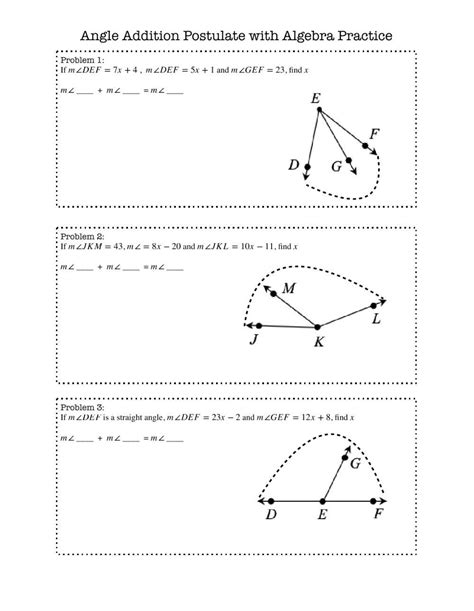 Eleven Angle Addition Postulate and Adjacent Angle Problems Worksheet